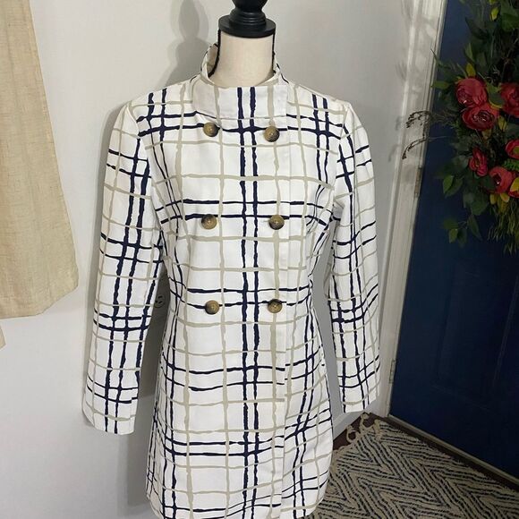 Banana Republic cotton Navy/ white/Tan Trench coat Size Large - Picture 6 of 7